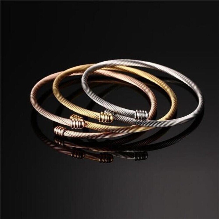 Stainless Steel Triple Cable Cuff 18k Gold Plated Stackable Twisted Wire Bangles